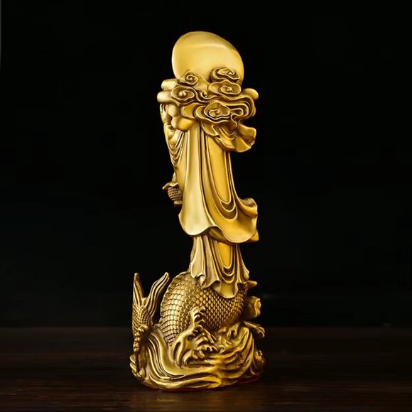GUAN-YIN Riding a Dragon Fish BUDDHA STATUE Copper 9in Golden Metal Boddhisattva - Picture 5 of 10